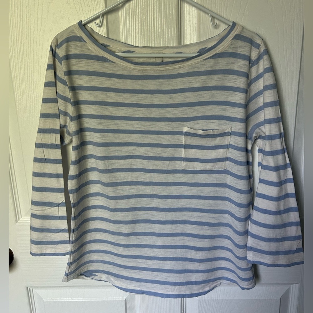 J. Crew White & Blue Striped Cotton Boatneck 3/4 Sleeve Top Size M